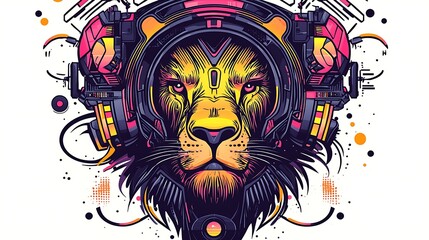 A vibrant illustration of a lion wearing futuristic headphones, surrounded by abstract shapes and colors