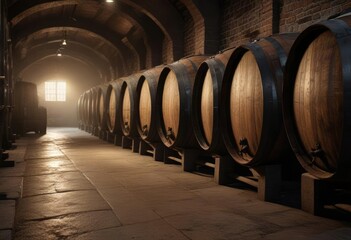 Row of aged whiskey barrels in a dimly lit cellar, alcohol, barrels, storage, scotch