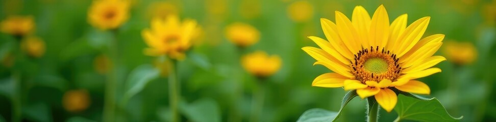 Fototapeta premium Sunflower petals unfolding against green foliage, garden, foliage