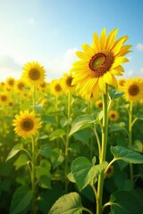 Fototapeta premium Sunflower fields with tall stalks swaying in breeze, sunflowers, summer