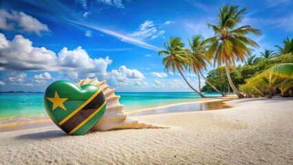 Sandy Beach Paradise in Tanzania with Heart-Shaped Flag and Large Shell - Stunning Product Photography for Seaside Resort Marketing