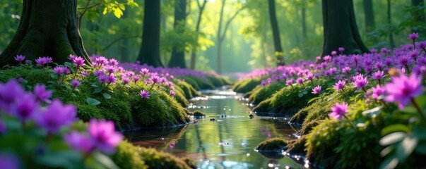 Fototapeta premium Swampy forest floor covered with purple flowers, swamp, purple flowers