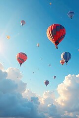 Fototapeta premium Swarms of balloons fill the clear blue morning sky, airy, clouds, clear