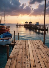 Fototapeta premium Seaside pier with fishing rods and boats in the background, boat, ocean