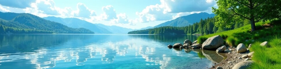 Serene lake shore with calm blue waters and lush greenery, lake, landscape