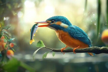 kingfisher on branch with fish