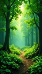 A peaceful forest landscape featuring a clearing with green accents, serene scenery, leafy greens, verdant hues