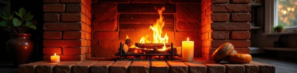 A red brick fireplace with candles burning softly, warmth, fire, cozy