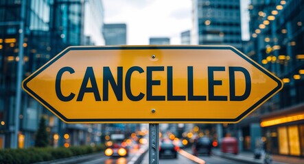 cancelled text on road sign in middle of modern business city background