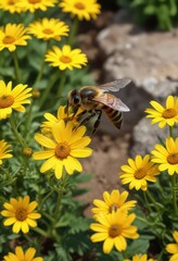 small bee collecting nectar from yellow daisies in a sunny garden scene, insect collection, watercolor painting, bees