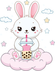 bunny with bubble tea kawaii vector illustration, pink cunt rabbit easter