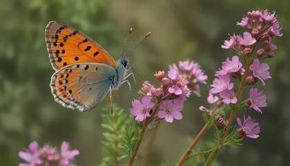 Naklejka premium Small copper Lycaena phlaeas perched on flower stem, nature, insects, copper lycaen phlaeas