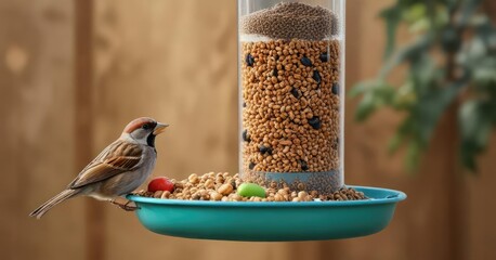 Naklejka premium Small sparrow eating from a plastic bird feeder, feeder, outdoor feeder, plastic bird feeder
