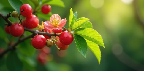 Fototapeta premium Cornelian cherry tree with blooming flowers and green leaves in the forest, flowers, nature, green leaves