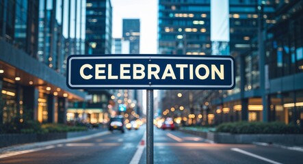 Obraz premium celebration text on road sign in middle of modern business city background