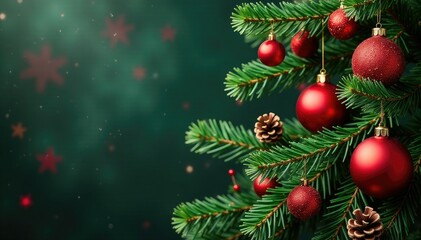 Fototapeta premium Fir branches decorated with red balls, pinecones, and small twigs, Christmas tree decorations, holiday decor, evergreen
