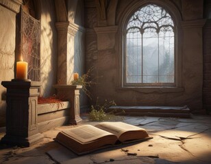 Fototapeta premium Dusty, cobweb-covered pews surround an empty, stone altar with a lone, old book, old book, isolation