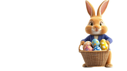 Easter bunny holding basket with colorful eggs on transparent background