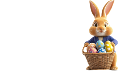 Easter bunny holding basket with colorful eggs on transparent background