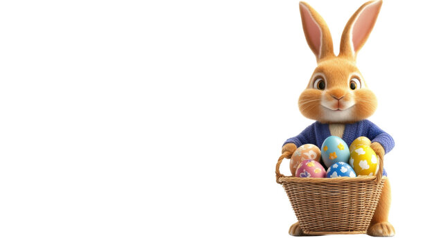 Easter bunny holding basket with colorful eggs on transparent background