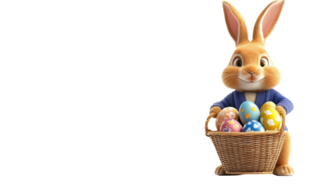 Easter bunny holding basket with colorful eggs on transparent background