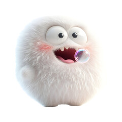 Fluffy 3D Cartoon Character with Excited Face Isolated on Transparent Background