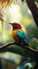 Obraz premium Tropical bird perched on branch, lush foliage background, nature scene, wildlife photography
