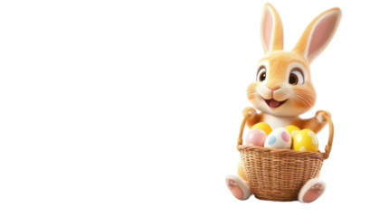 Easter bunny carrying basket with colorful eggs on transparent background