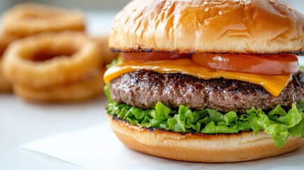 Indulgent burger with crispy onion rings and fresh toppings for a perfect meal