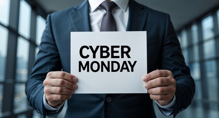 cyber Monday text on plain white paper in hand on guy on formal suit business concept background