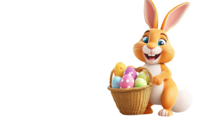 Happy easter bunny holding basket with colorful eggs on transparent background