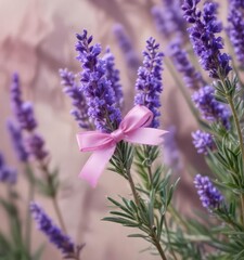 Naklejka premium Soft pink ribbon tied around a branch of blooming lavender flowers, nature, purple flowers, flower