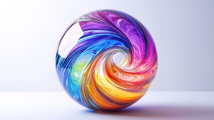 Vibrant rainbow swirl inside a transparent glass sphere on white background.
