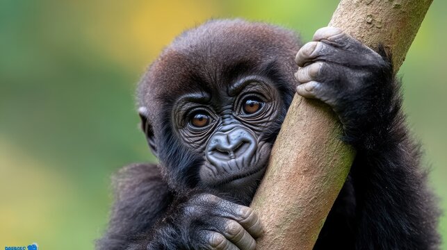Charming baby gorilla enjoys a sunny day perched on a sturdy branch