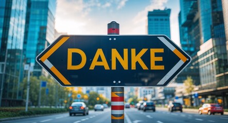 Obraz premium danke text on road sign in middle of modern business city background