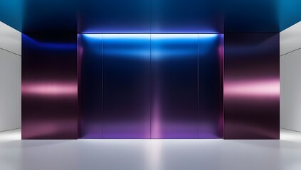 A sleek and modern elevator lobby features reflective purple and blue panels, with ambient lighting enhancing its futuristic appearance. The minimalist design evokes a sense of sophistication 