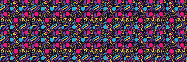 Seamless pattern with geometric shapes in the style. Multicolored vintage background with triangles, circles and squares for textile, fabric and Sudanese fabric art. 