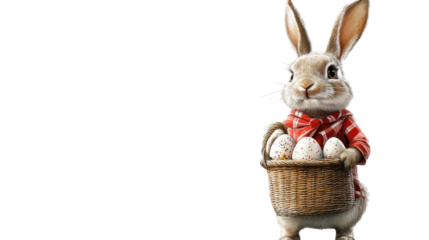 Easter bunny carrying basket with decorated eggs on transparent background