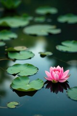 Lotus leaves scattered on the surface of a peaceful pond, water, surface