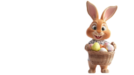 Easter bunny holding basket with colorful eggs on transparent background