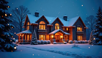 Naklejka premium Luxury mansion shines under magical Christmas fairy lights, winter, mansion