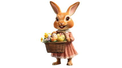 Smiling easter bunny holding basket with colorful eggs and flowers on transparent background