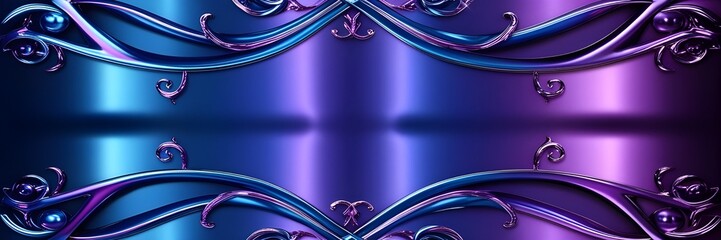 Swirling, intricate designs in metallic shades of blue and purple create an elegant, symmetrical pattern. The reflective surface adds depth and highlights the ornate, flowing curves.