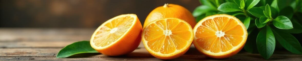 Mandarin orange wedges on a rustic wooden table with a lush plant nearby, plants, mandarin