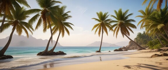 Fototapeta premium Palm trees swaying in the wind on a quiet beach, nature, wind