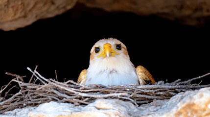 Eagle guards its nest atop a rugged cliff within a dark cave