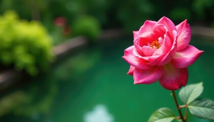 Rosa floreciente en un jard?n con un estanque verde, primavera, naturaleza, agua