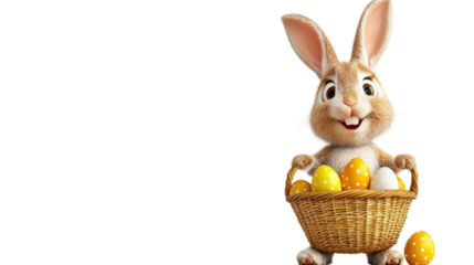 Easter bunny holding basket with colorful eggs on transparent background