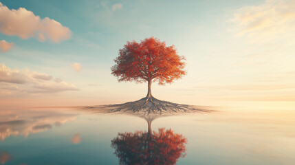 Solitary tree with exposed roots against mirrored water