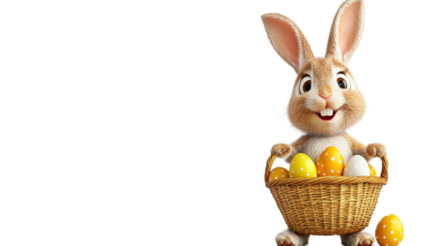 Easter bunny holding basket with colorful eggs on transparent background